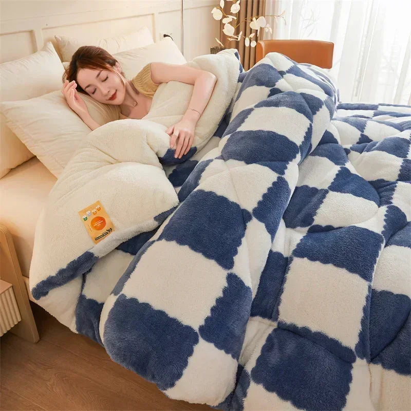 Checkerboard Super Thick Warm Winter Blankets Soft Artificial Lamb Cashmere Weighted Blanket Fluffy Warmth Duvet Comforter Quilt