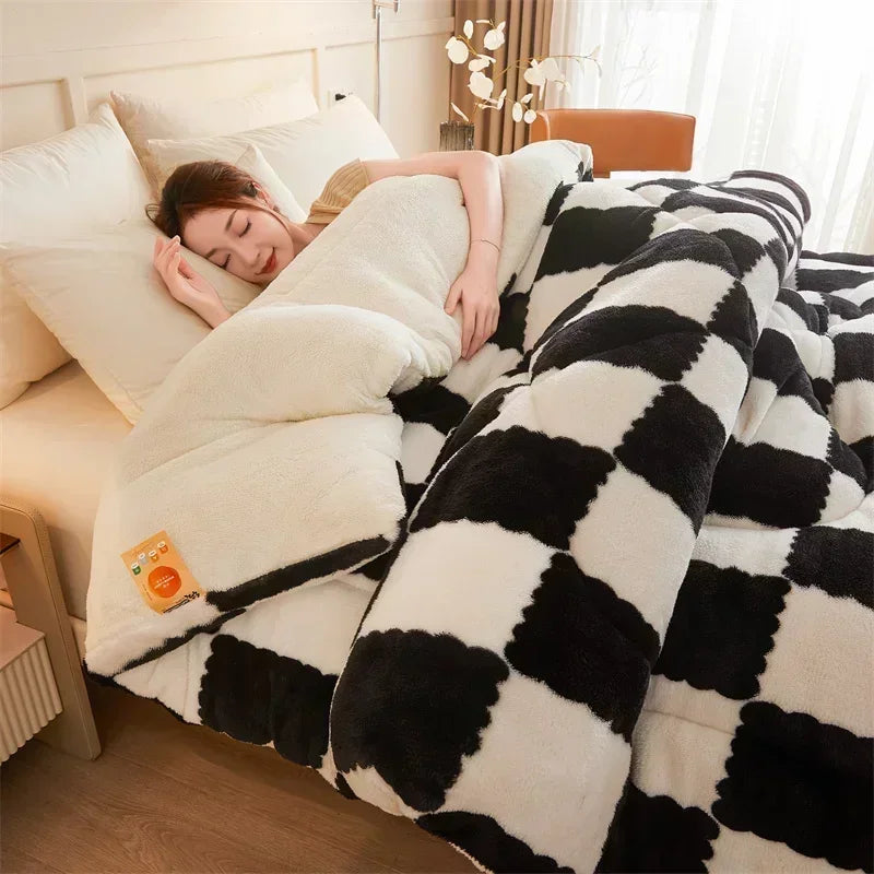 Checkerboard Super Thick Warm Winter Blankets Soft Artificial Lamb Cashmere Weighted Blanket Fluffy Warmth Duvet Comforter Quilt