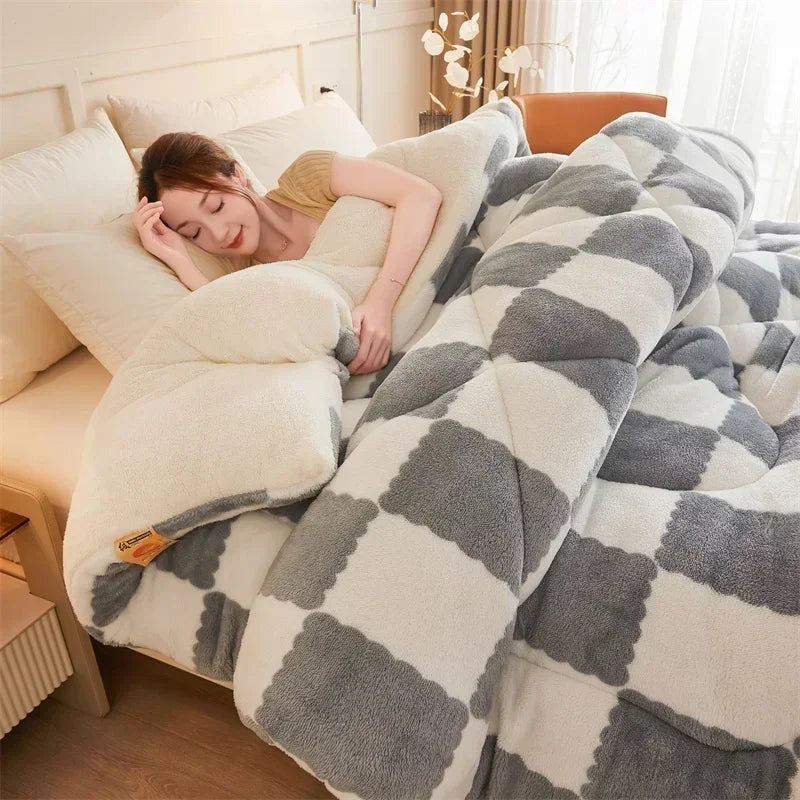 Checkerboard Super Thick Warm Winter Blankets Soft Artificial Lamb Cashmere Weighted Blanket Fluffy Warmth Duvet Comforter Quilt