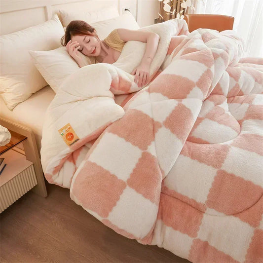 Checkerboard Super Thick Warm Winter Blankets Soft Artificial Lamb Cashmere Weighted Blanket Fluffy Warmth Duvet Comforter Quilt